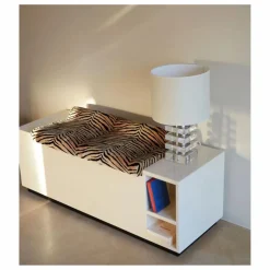 Banc coffre Cameleon en bois laqué et velours tigre | Crème