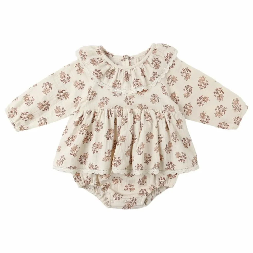 Barboteuse Volants Fleurie Gaze de Coton Bio | Ecru