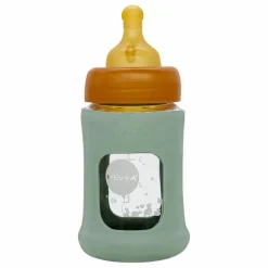 Biberon en verre à col large avec housse de protection Débit lent | Vert amande