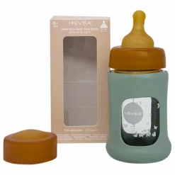 Biberon en verre à col large avec housse de protection Débit lent | Vert amande
