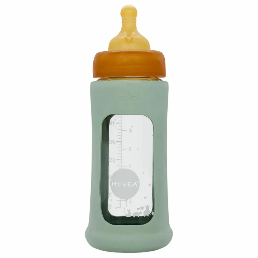 Biberon en verre à col large avec housse de protection Débit moyen | Vert amande