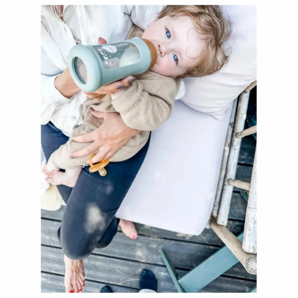 Biberon en verre à col large avec housse de protection Débit moyen | Vert amande