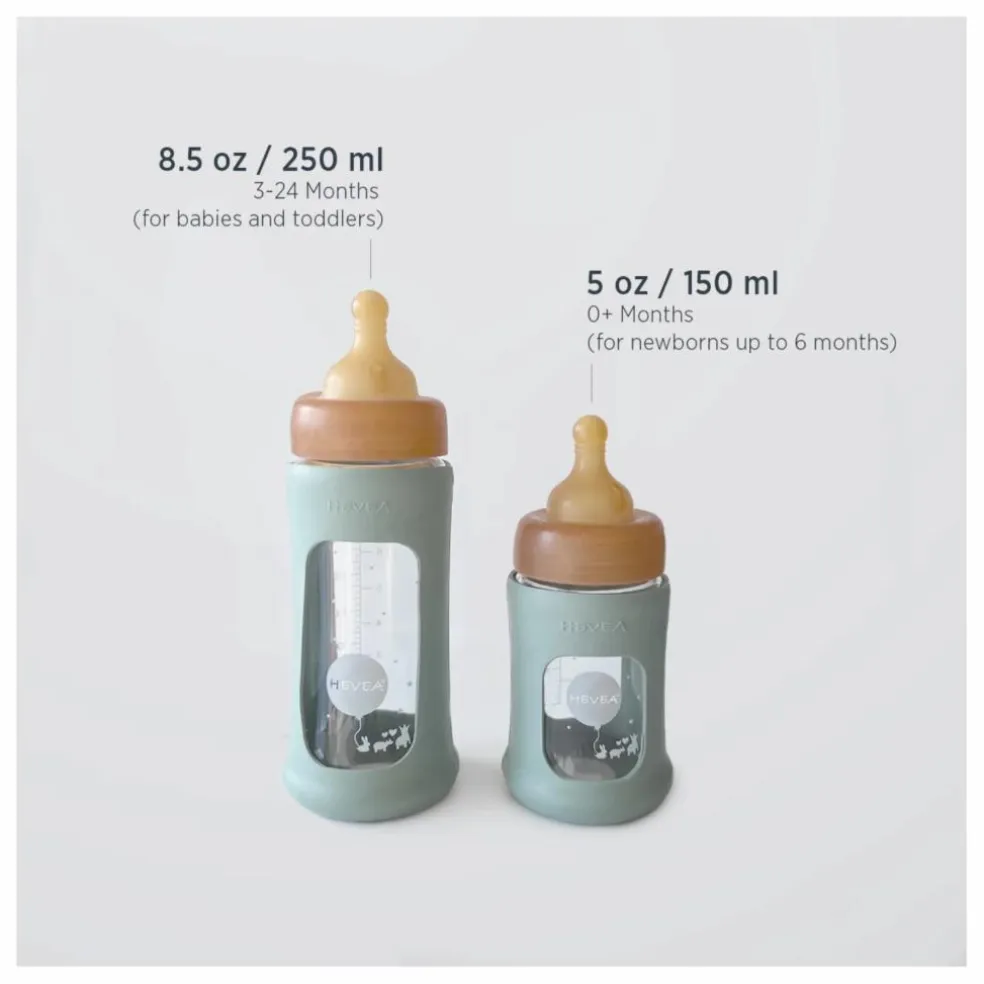 Biberon en verre à col large avec housse de protection Débit moyen | Vert amande