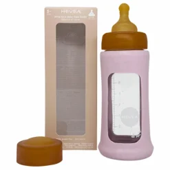 Biberon en verre à col large avec housse de protection Débit moyen | Rose poudré