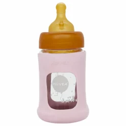 Biberon en verre à col large avec housse de protection Débit lent | Rose poudré