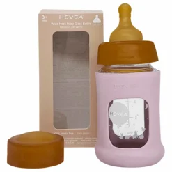 Biberon en verre à col large avec housse de protection Débit lent | Rose poudré