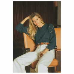 Blouse brodée gaze de coton bio | Vert canard