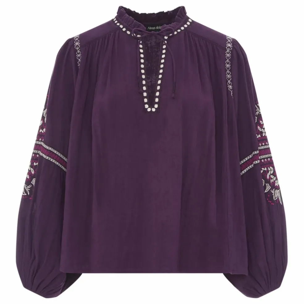 Blouse Manches Longues Brodée Gaze Coton Bio | Violet