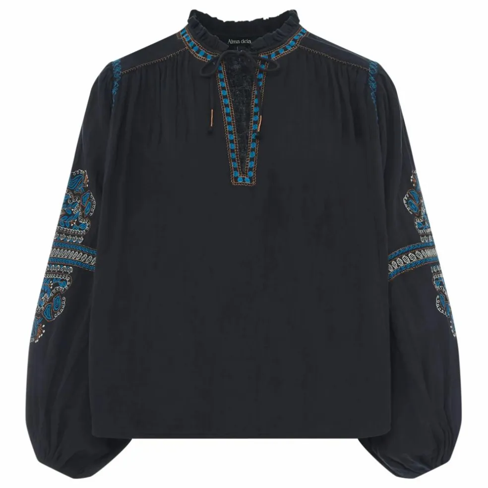 Blouse Manches Longues Brodée Gaze Coton Bio | Noir