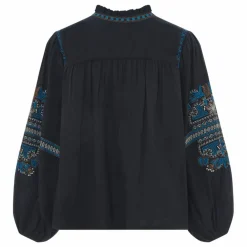Blouse Manches Longues Brodée Gaze Coton Bio | Noir