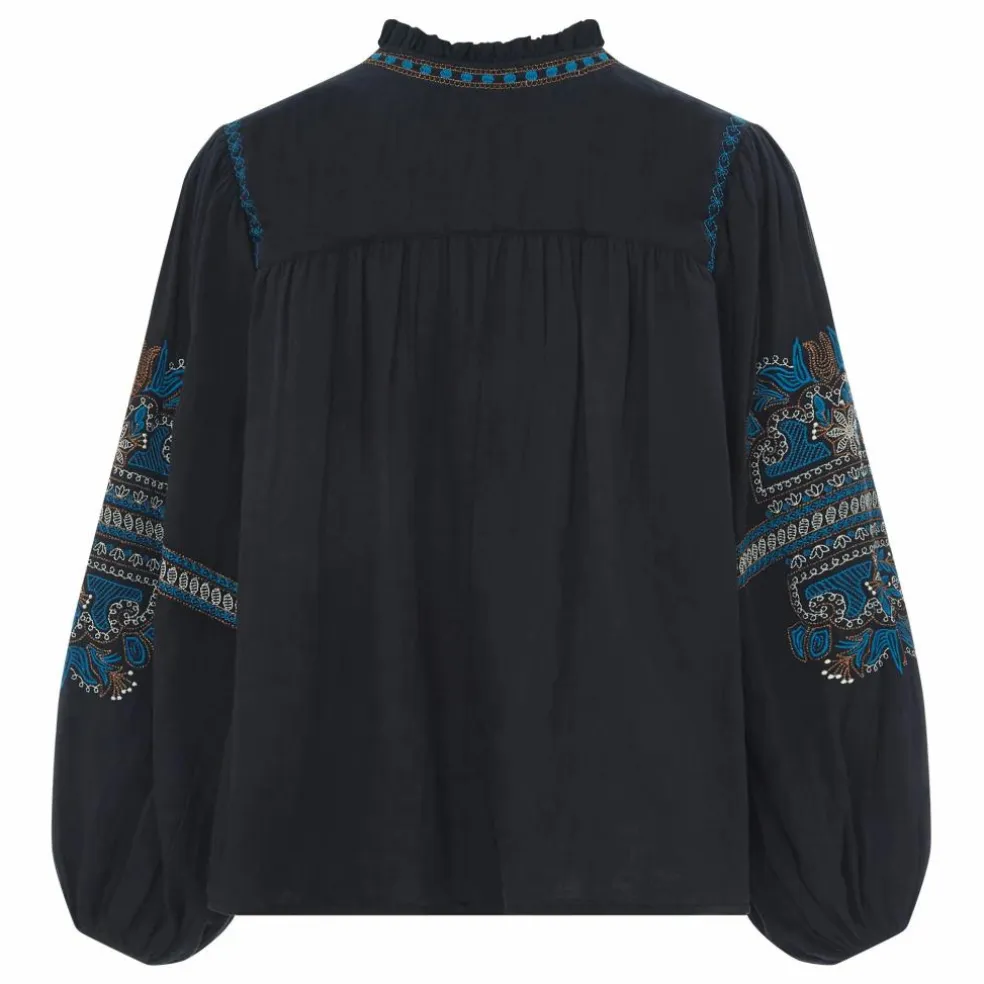 Blouse Manches Longues Brodée Gaze Coton Bio | Noir