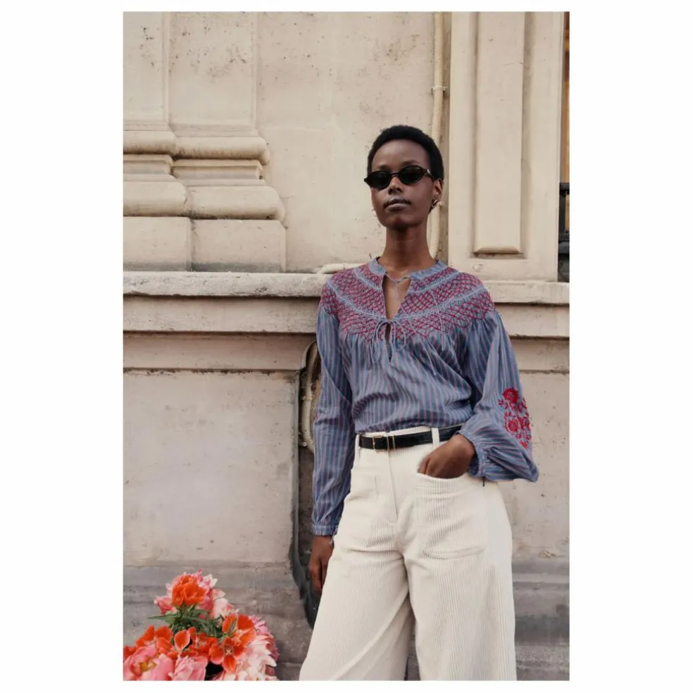 Blouse Pal Rayée Voile de Coton - Collection Femme | Bleu Acier