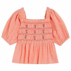 Blouse Smockée Vichy Brodée | Rose pêche
