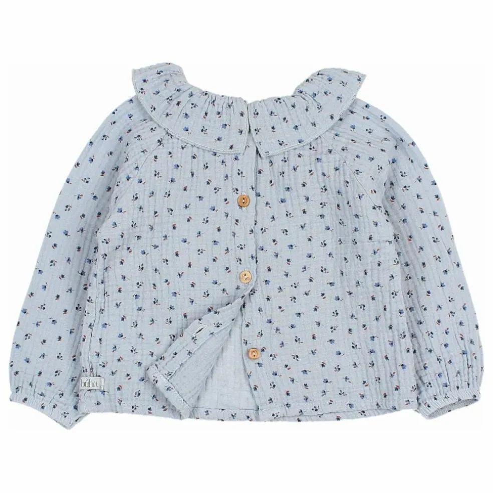 Blouse Volants Gaze de Coton Bio | Bleu gris