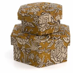 Boites hexagonales Botanical en bois et coton - Set de 2 | Jaune moutarde
