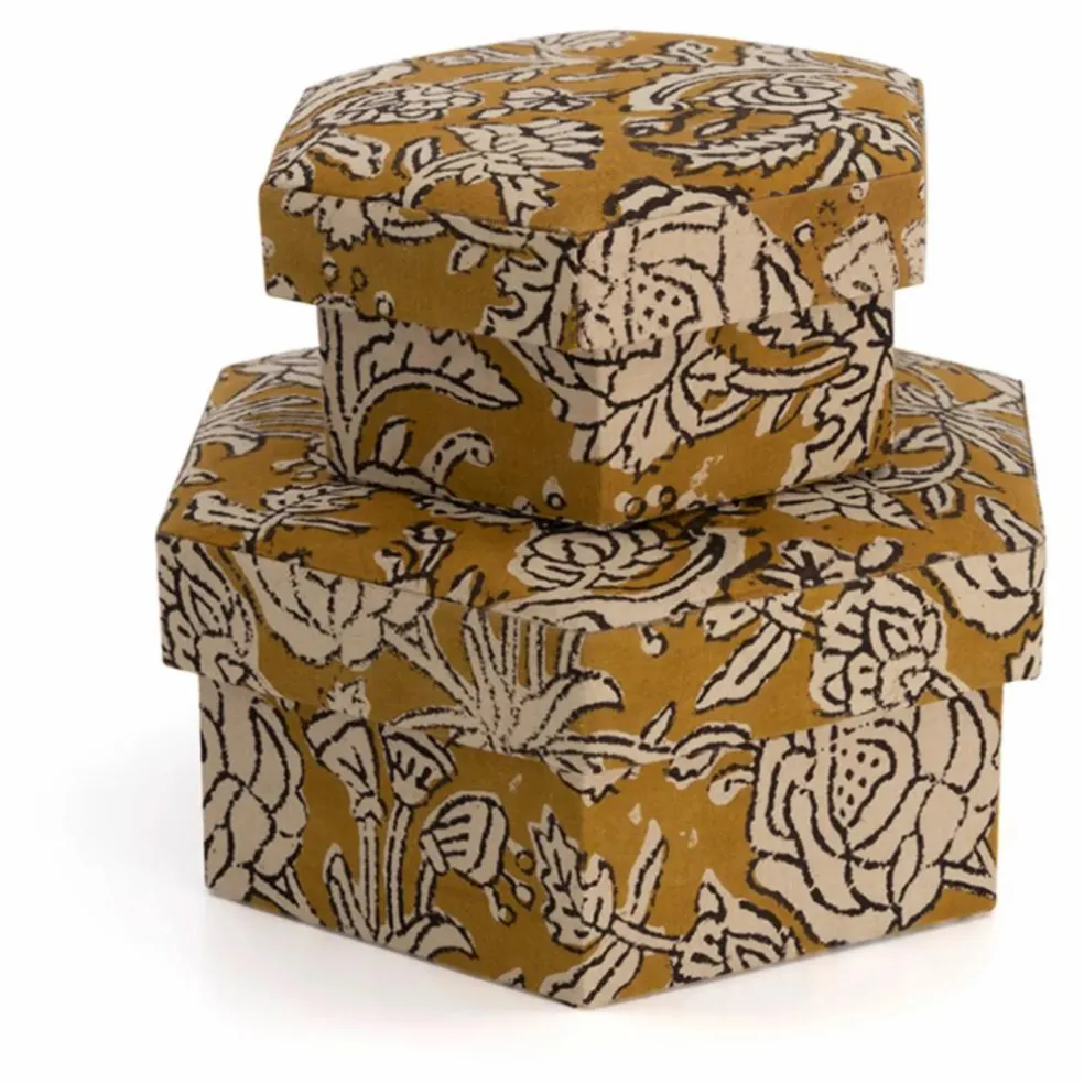 Boites hexagonales Botanical en bois et coton - Set de 2 | Jaune moutarde