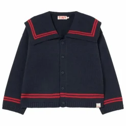 Cardigan Col Carré Rayé Laine | Bleu marine