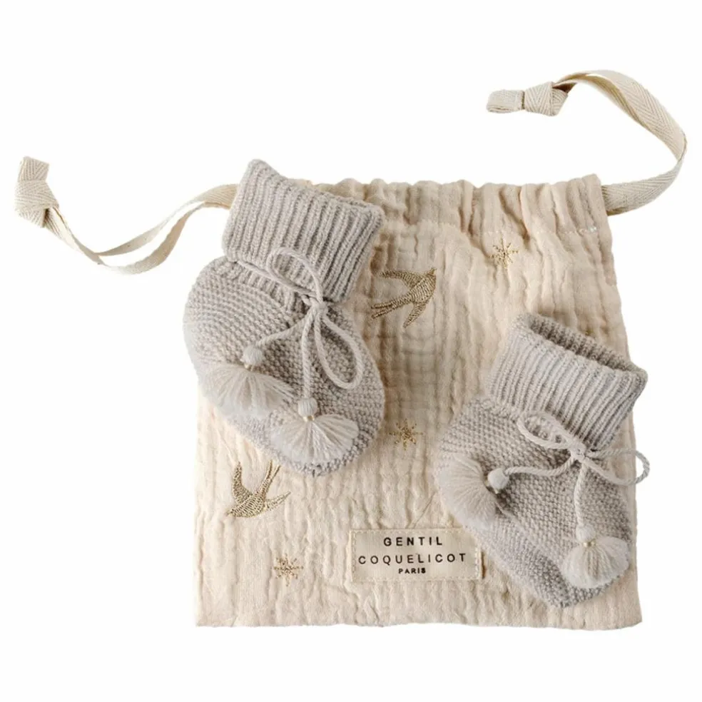 Chaussons en tricot et pochon brodé | Gris perle