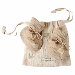 Chaussons en tricot et pochon brodé | Beige