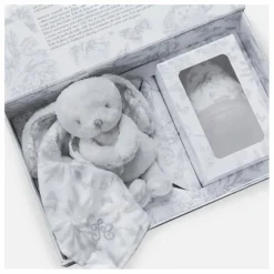 Coffret biberon en silicone médical et doudou lange Augustin le lapin Toile de Jouy - Elhée x Tartine et Chocolat | Gris