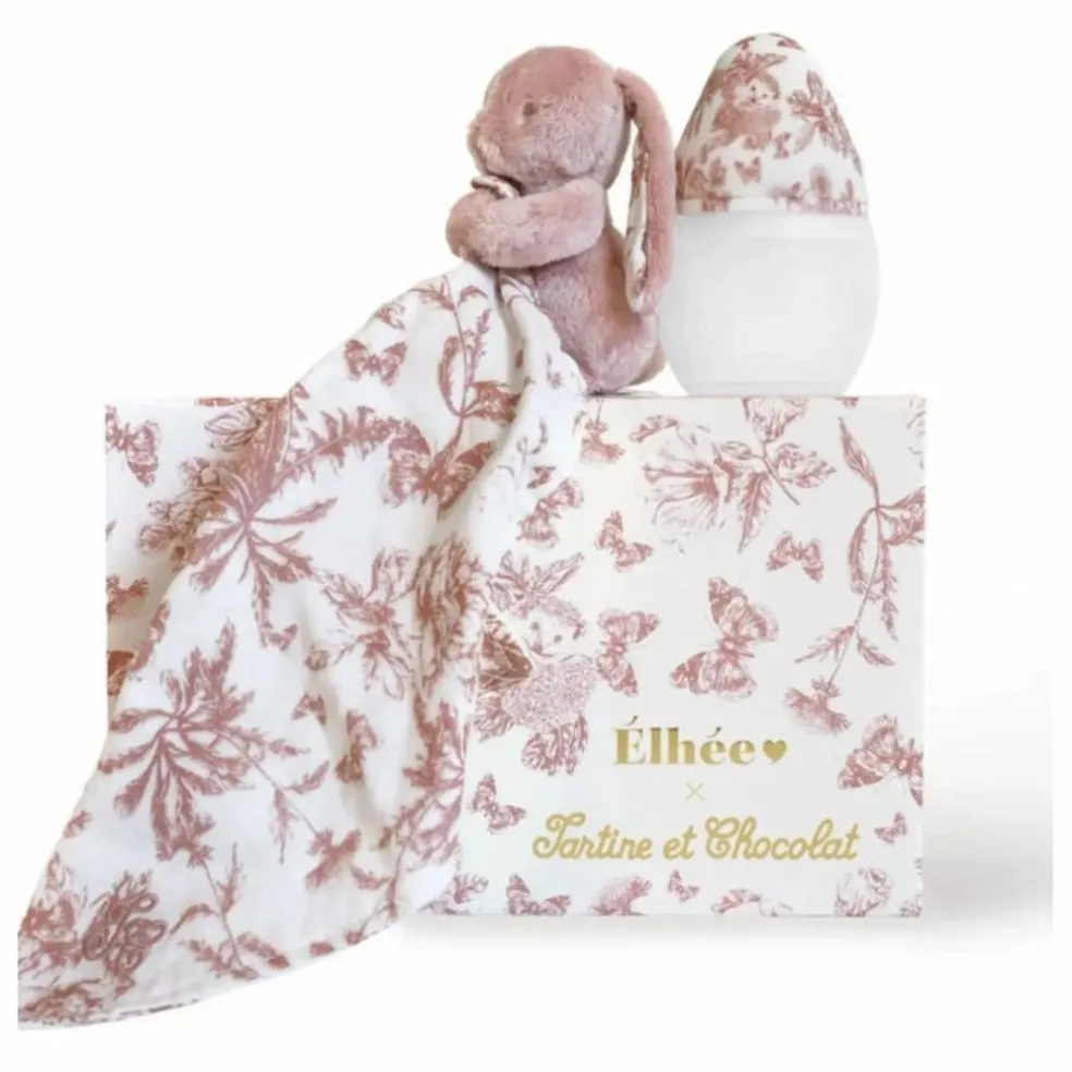 Coffret biberon en silicone médical et doudou lange Augustin le lapin Toile de Jouy - Elhée x Tartine et Chocolat | Rose pêche
