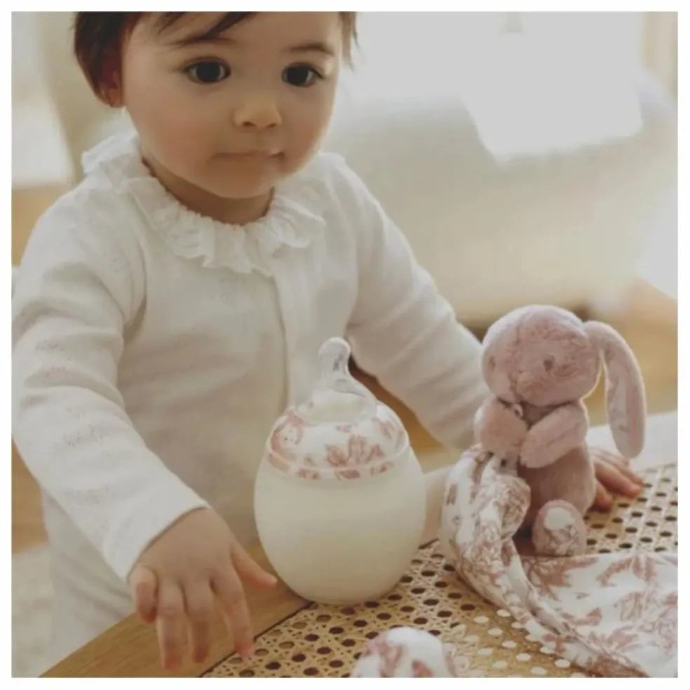 Coffret biberon en silicone médical et doudou lange Augustin le lapin Toile de Jouy - Elhée x Tartine et Chocolat | Rose pêche