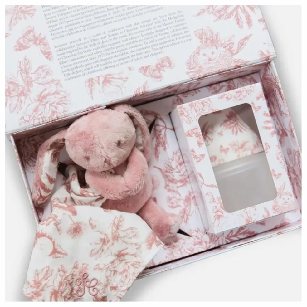 Coffret biberon en silicone médical et doudou lange Augustin le lapin Toile de Jouy - Elhée x Tartine et Chocolat | Rose pêche