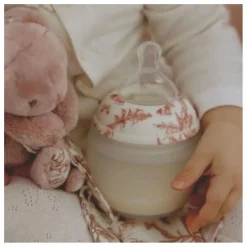 Coffret biberon en silicone médical et doudou lange Augustin le lapin Toile de Jouy - Elhée x Tartine et Chocolat | Rose pêche
