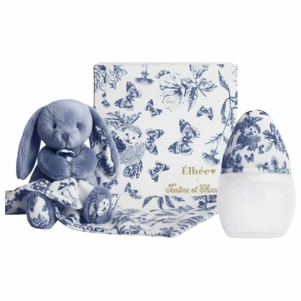 Coffret biberon en silicone médical et doudou lange Augustin le lapin Toile de Jouy - Elhée x Tartine et Chocolat | Bleu marine