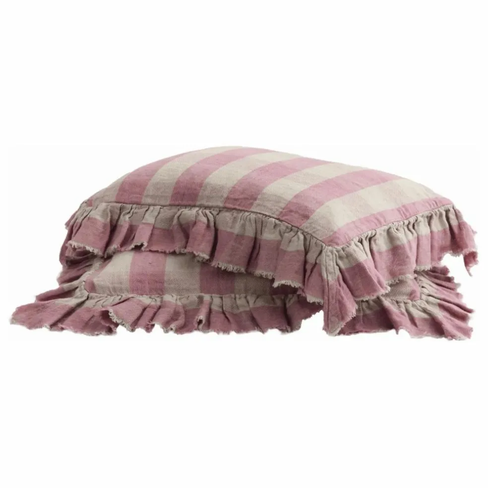 Coussin à volants en lin lavé Vichy Cottage | Bois de rose
