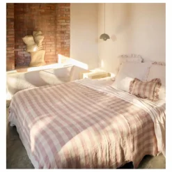 Coussin à volants en lin lavé Vichy Cottage | Bois de rose