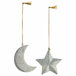 Décoration de Noël Lune et étoile en papier mâché - Set de 2 | Argenté