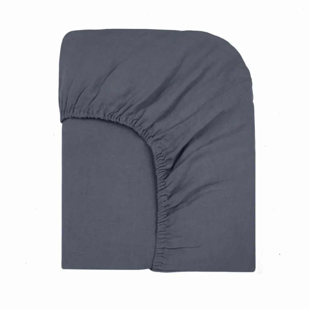 Drap housse Lin lavé | Bleu Tempête