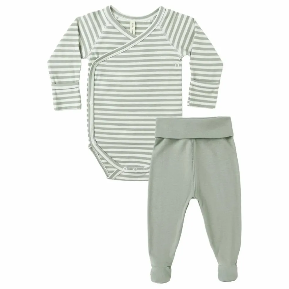 Ensemble Body Rayé et Pantalon à Pieds Coton Bio | Vert céladon