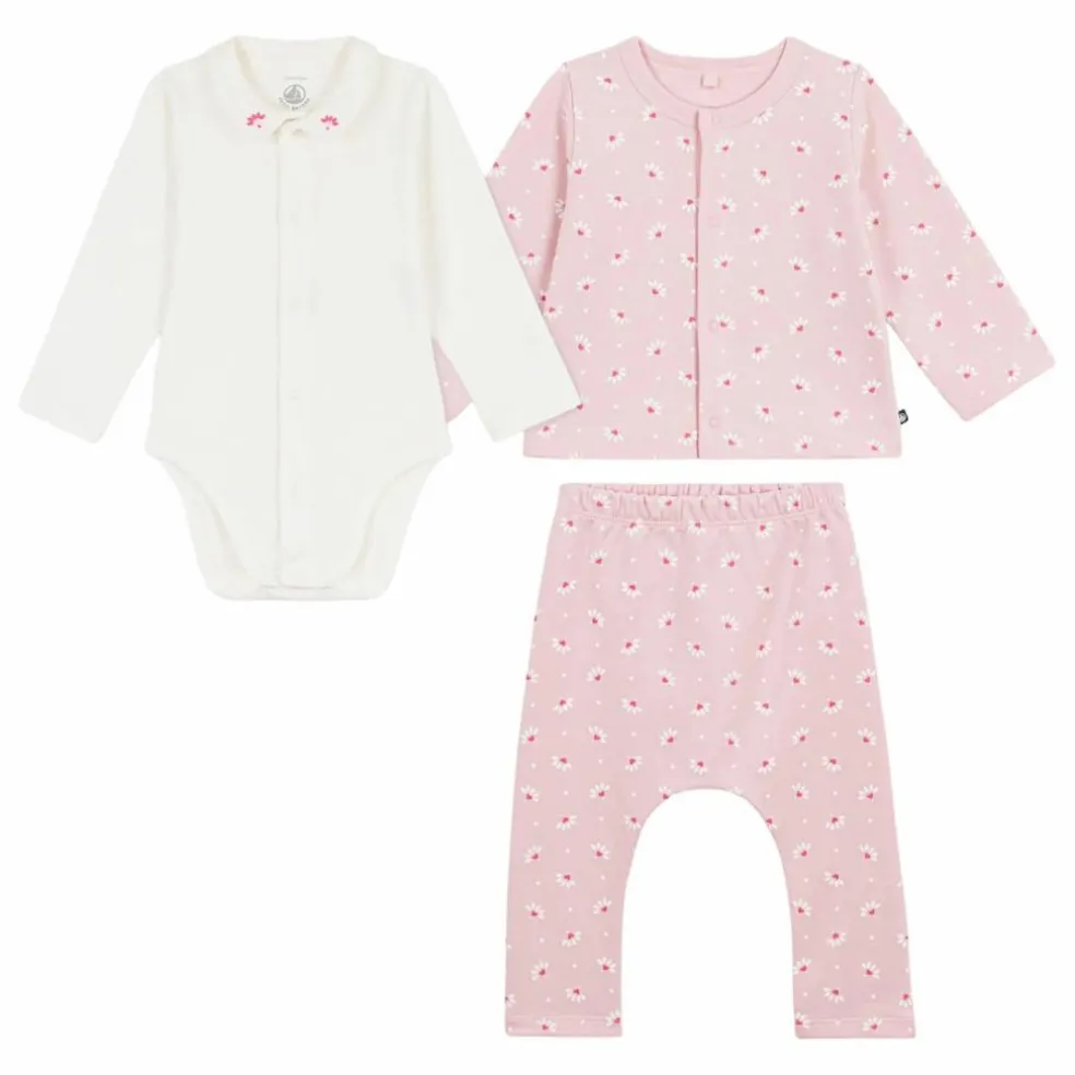 Ensemble Cardigan Pantalon et Body Fleuris Coton Bio | Rose