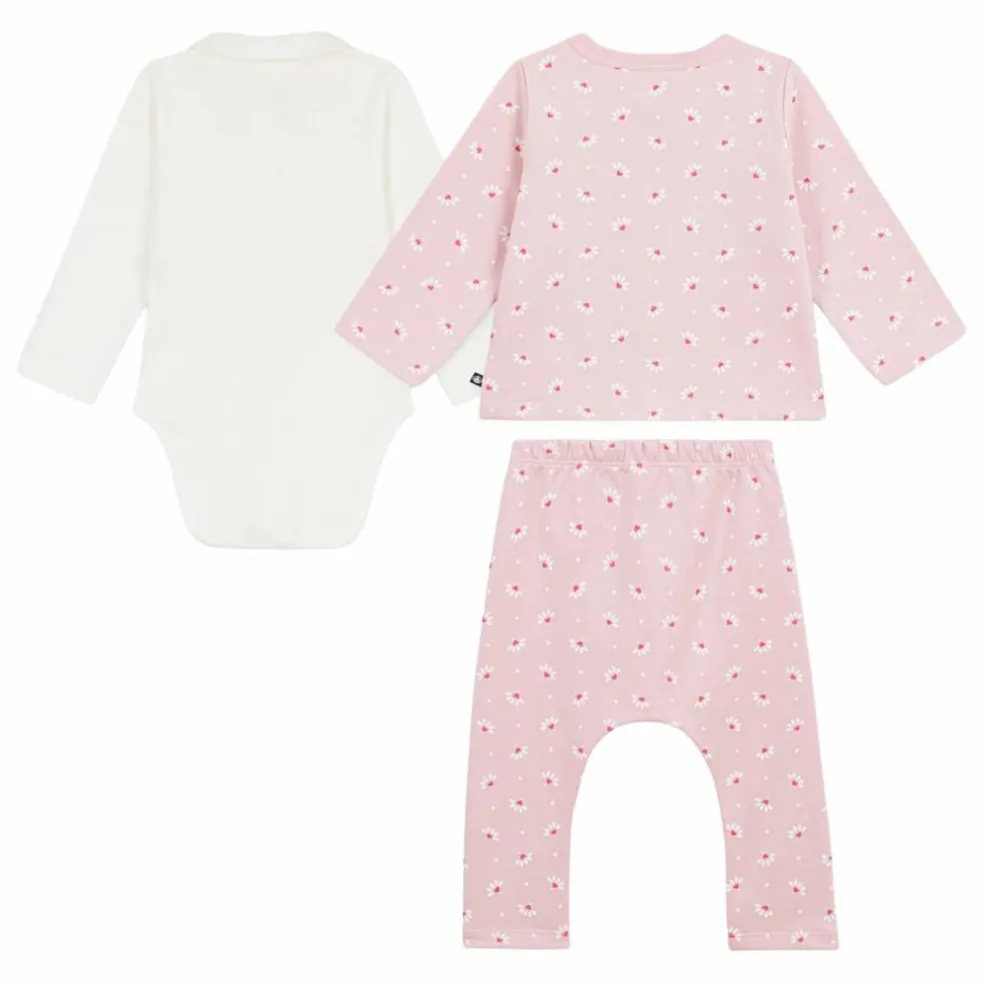 Ensemble Cardigan Pantalon et Body Fleuris Coton Bio | Rose
