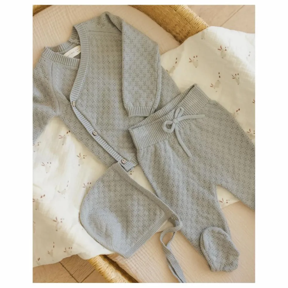 Ensemble Gilet Pantalon et Béguin Maille Coton Bio | Bleu gris