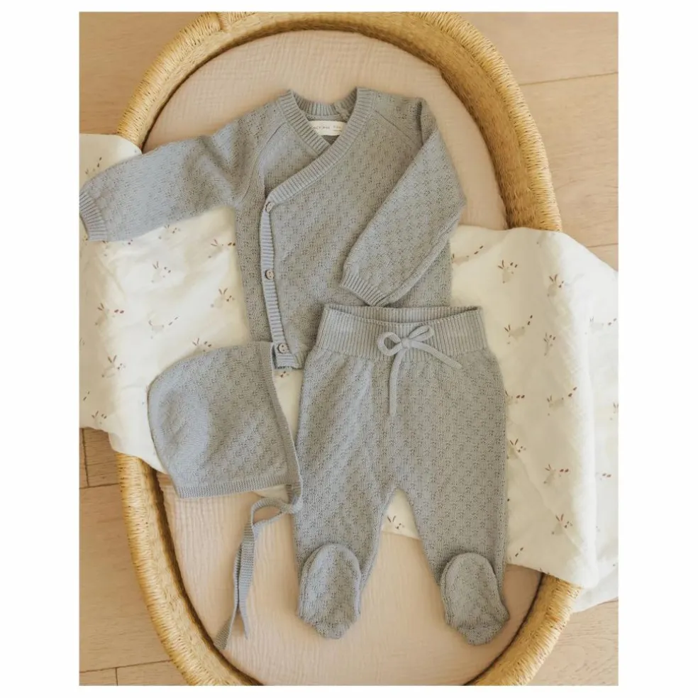 Ensemble Gilet Pantalon et Béguin Maille Coton Bio | Bleu gris