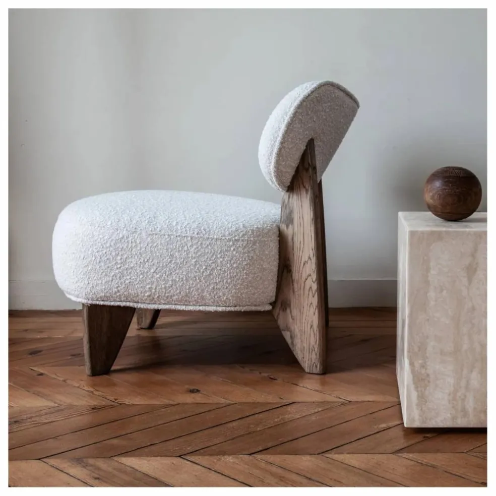 Fauteuil Nicolo en bouclette et chêne fumé - 65 cm | Off-White