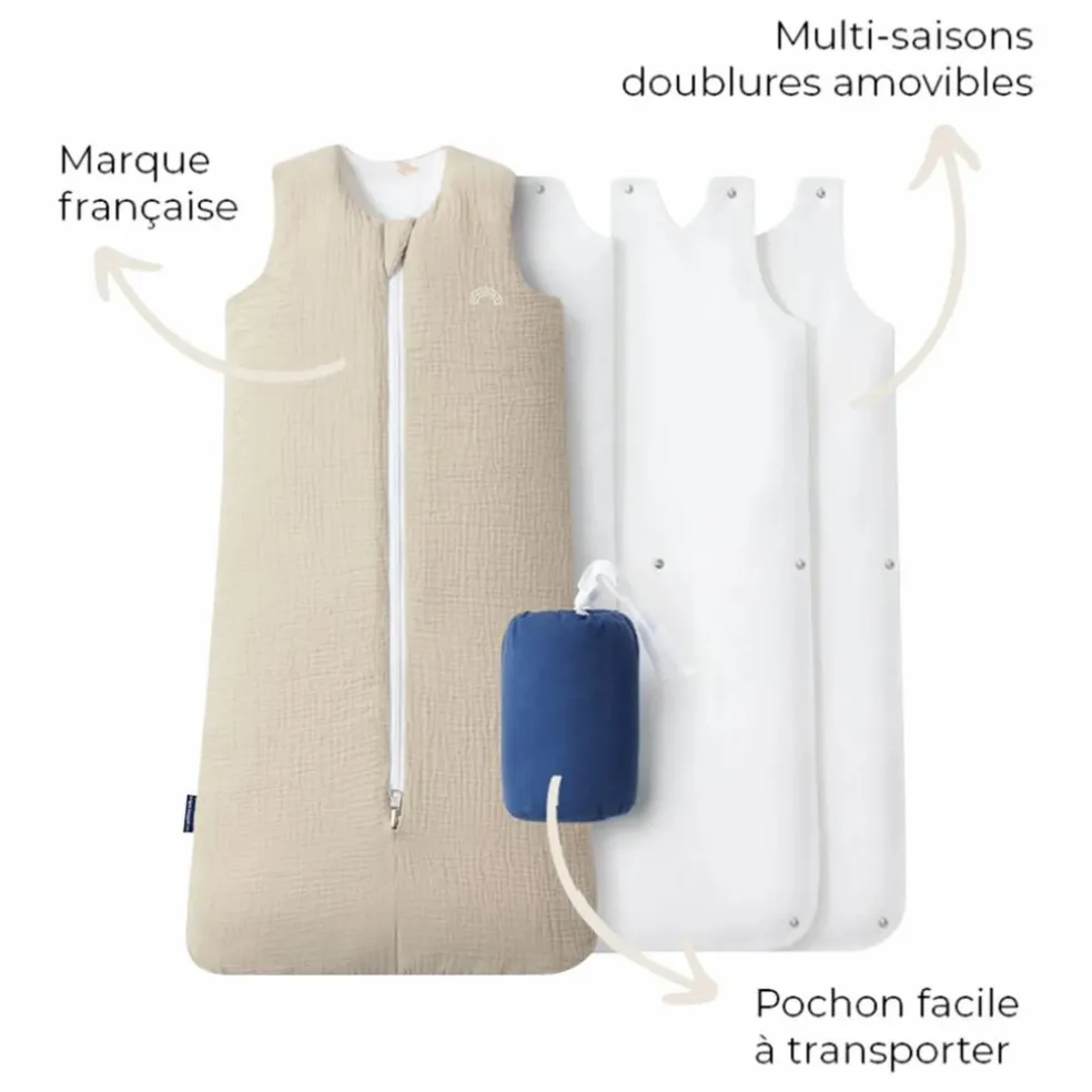Gigoteuse multi-saisons réversible en double gaze de coton | Beige