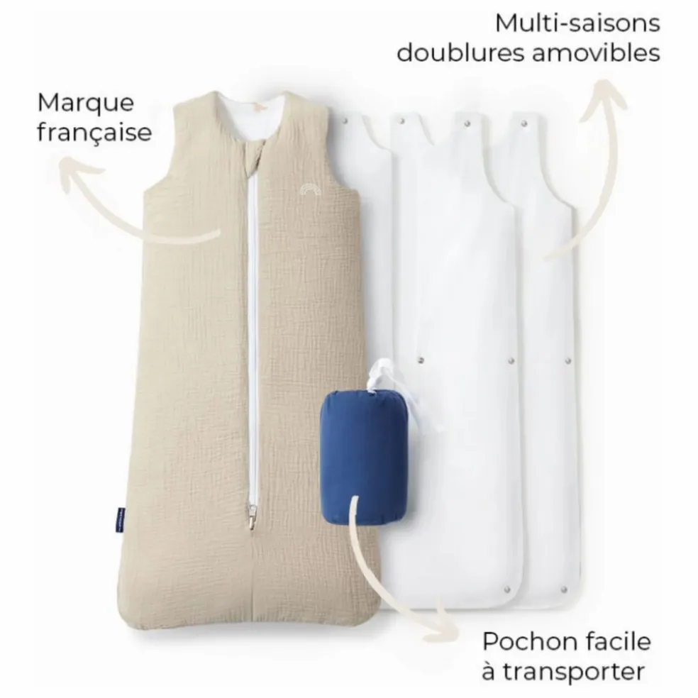 Gigoteuse multi-saisons réversible en double gaze de coton | Beige