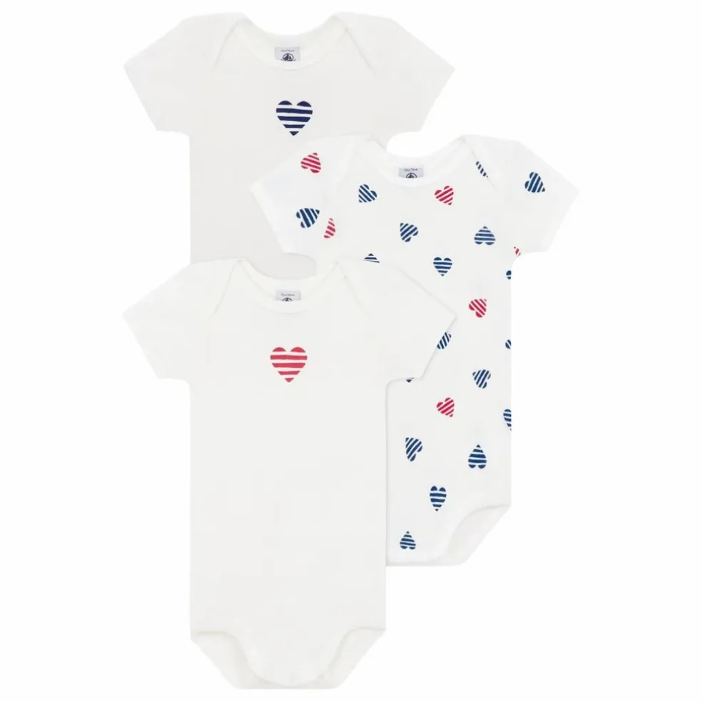 Lot 3 Bodies Cœur Rayé Coton Bio | Blanc