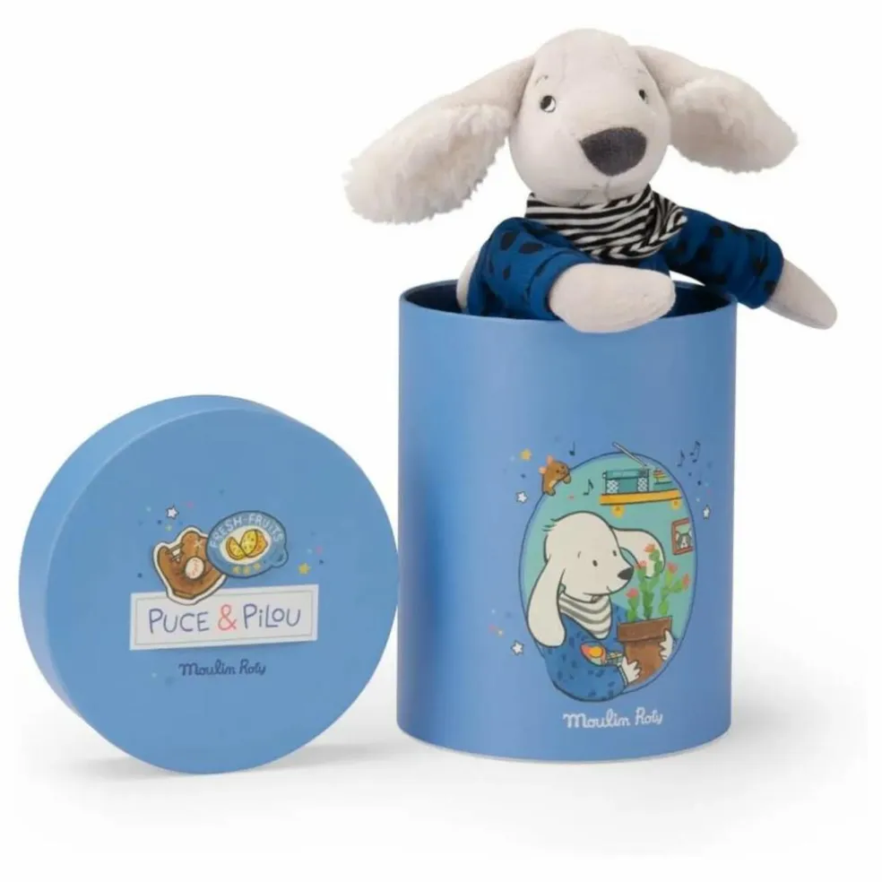 Peluche Pilou et sa boîte