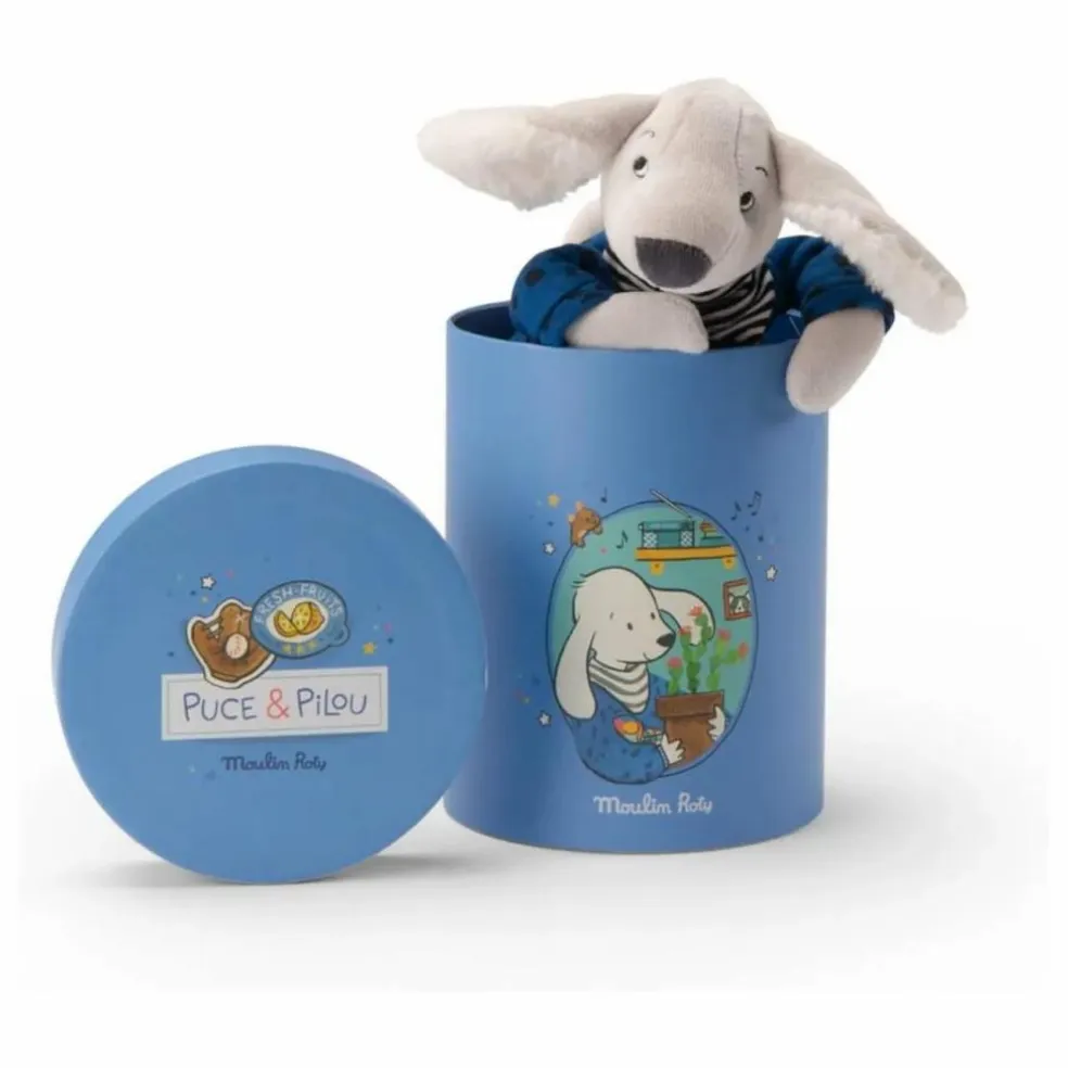 Peluche Pilou et sa boîte