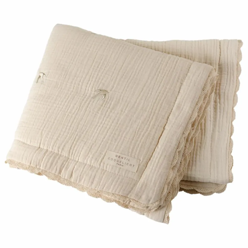 Plaid matelassé brodé hirondelles en gaze de coton