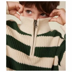 Pull Col Zippé Rayé | Vert kaki