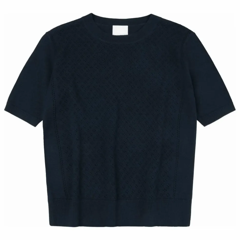 Pull Manches Courtes Pointelle Laine Mérinos - Collection Femme | Bleu marine