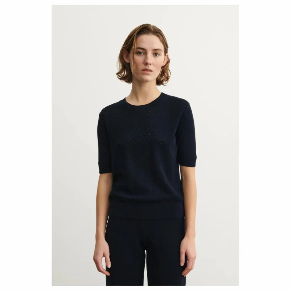 Pull Manches Courtes Pointelle Laine Mérinos - Collection Femme | Bleu marine