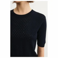 Pull Manches Courtes Pointelle Laine Mérinos - Collection Femme | Bleu marine