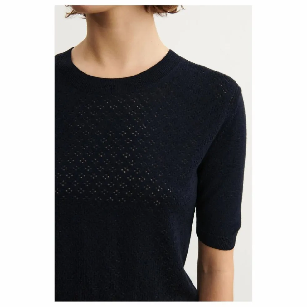 Pull Manches Courtes Pointelle Laine Mérinos - Collection Femme | Bleu marine